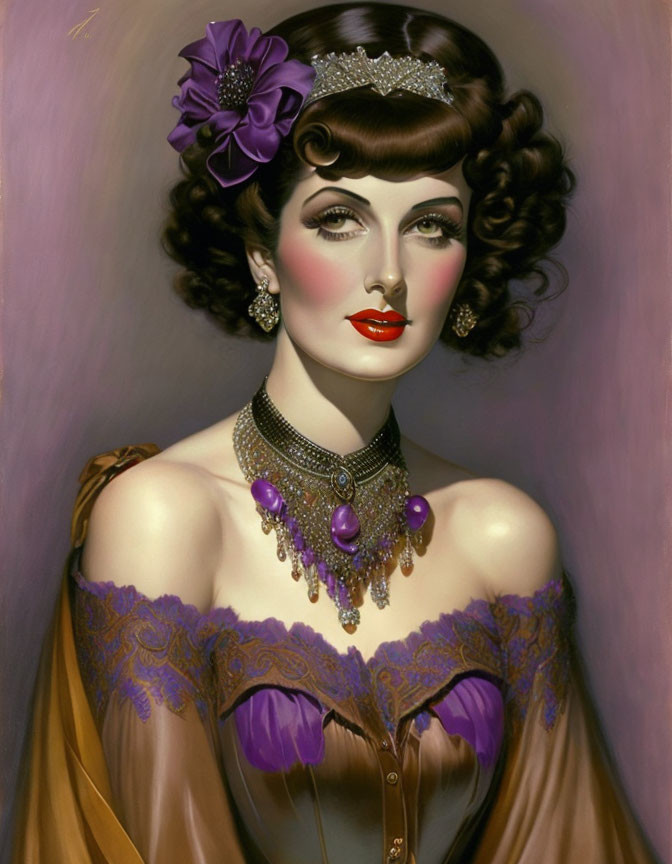 Vintage portrait of a woman with styled hair, purple flower, tiara, necklace, and lace dress