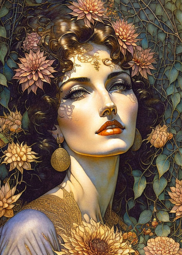 Woman with Golden Jewelry and Tattoos in Art Nouveau Style