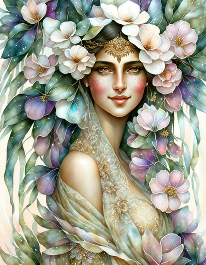 Female figure with floral crown and golden facial jewels in ethereal setting.