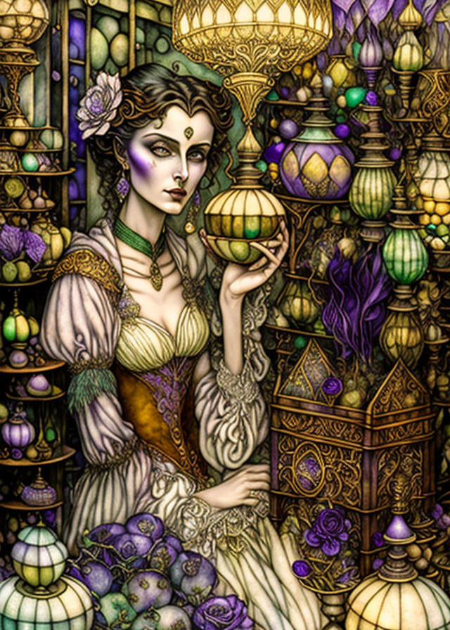 Mystical woman holding orb in vintage fantasy illustration