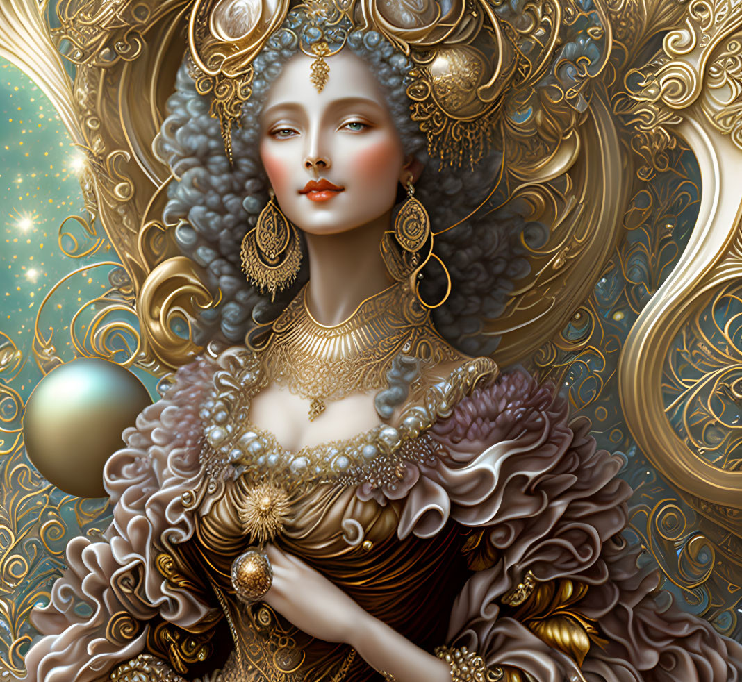 Intricate Baroque-style woman illustration with golden jewelry