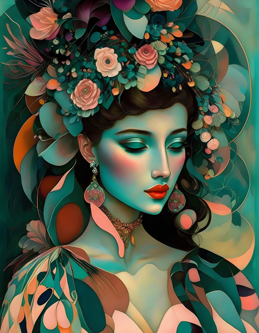 Colorful illustration of woman with floral headdress and vibrant makeup