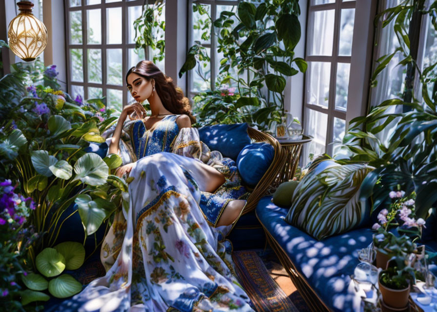 Woman in Blue Dress Relaxing Among Indoor Plants with Sunlight Filtering