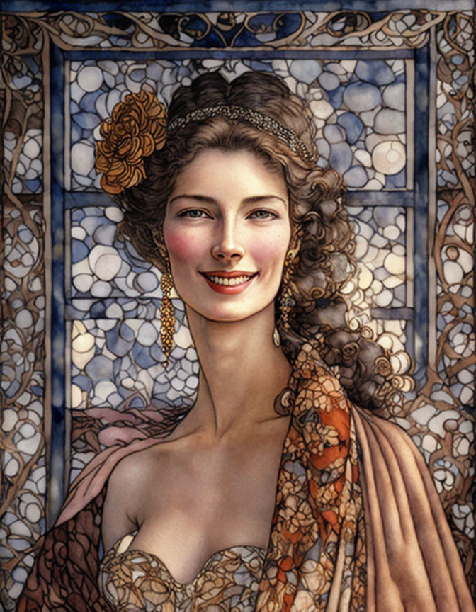 Smiling woman with gold headpiece in art nouveau style