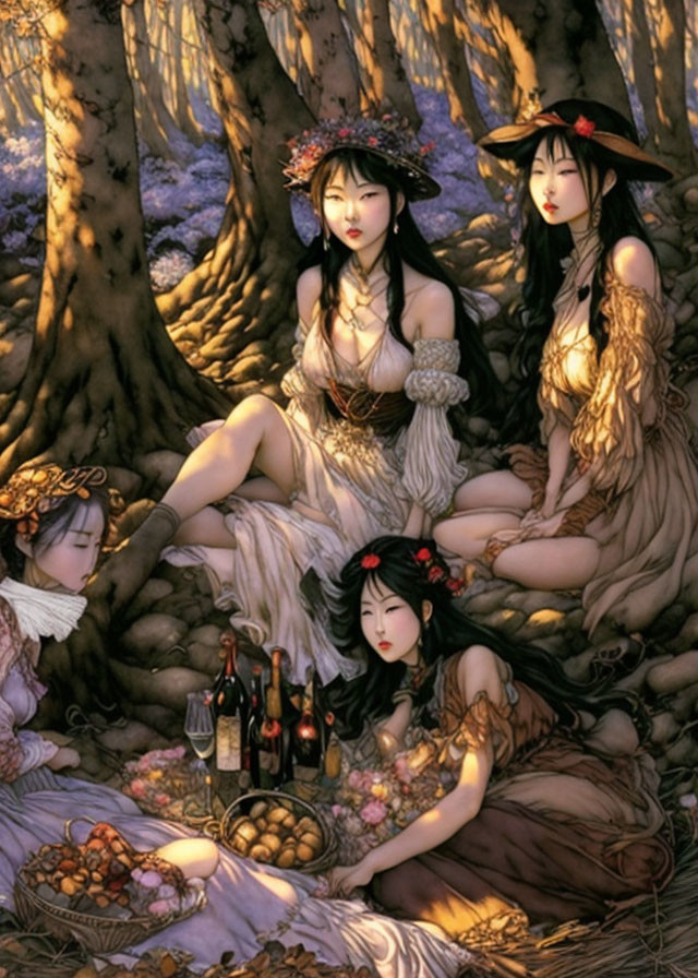 Ethereal women in mystical forest with flower crowns and fruits