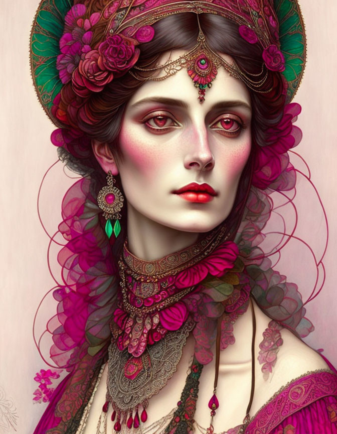 Detailed Digital Artwork of Woman in Red and Pink with Intricate Jewelry