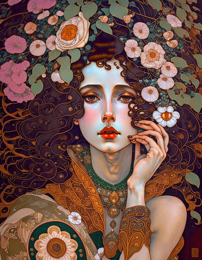 Stylized portrait of woman with dark hair, floral patterns, jewelry, and patterned garment