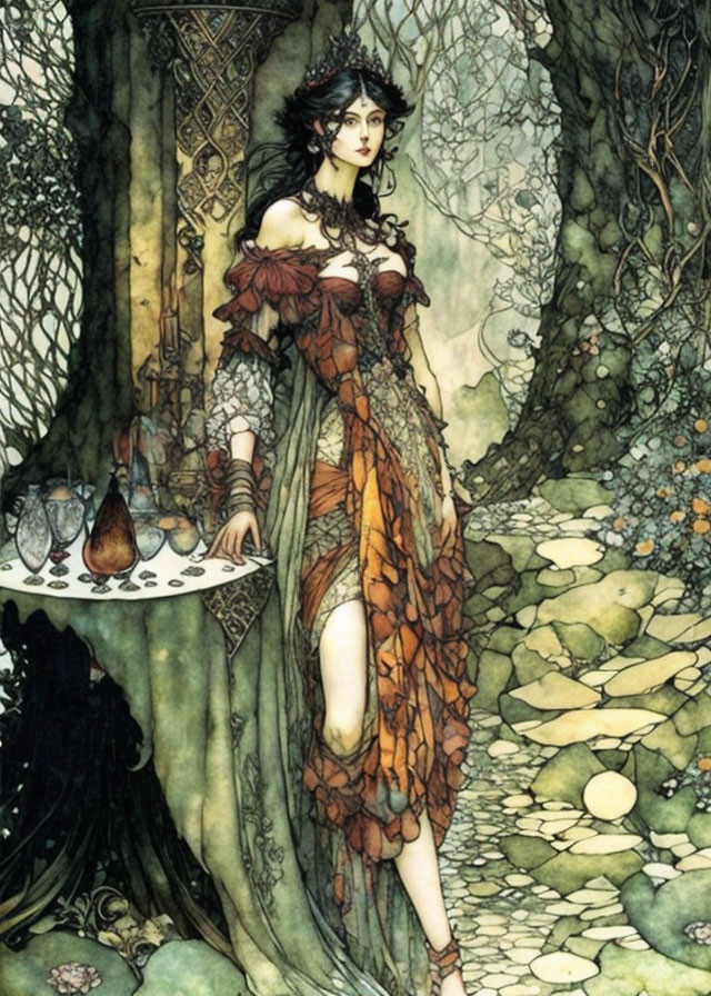 Ethereal woman in flowing gown beside stone table in woodland glade