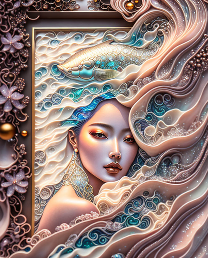 Stylized ocean-themed digital artwork with woman and intricate patterns