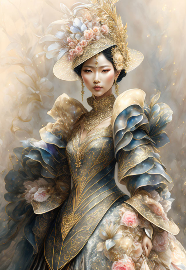 Regal woman in luxurious gold and blue gown with floral motifs and elegant hat