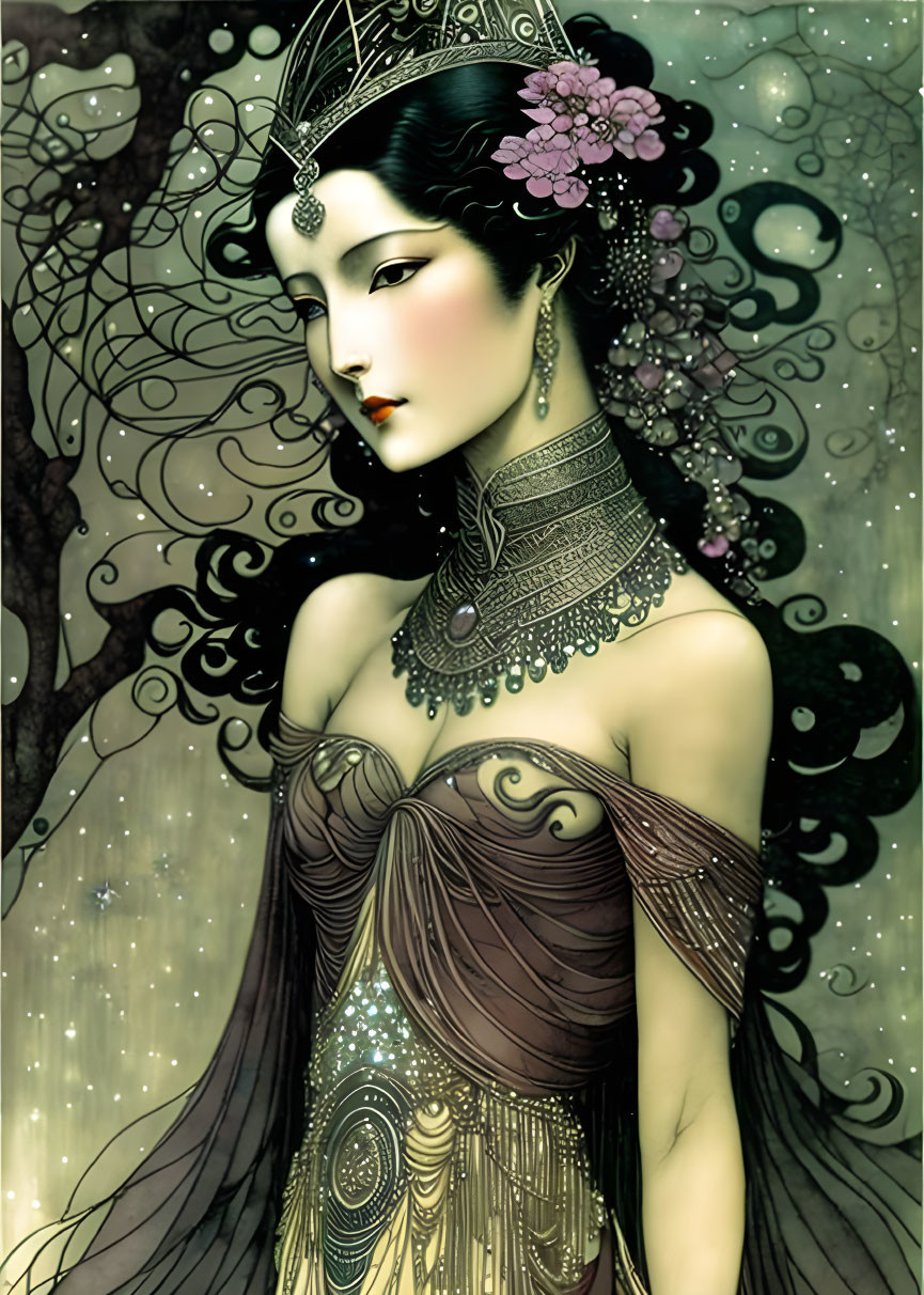 Illustrated woman with intricate crown and jewelry in detailed gown against starry backdrop