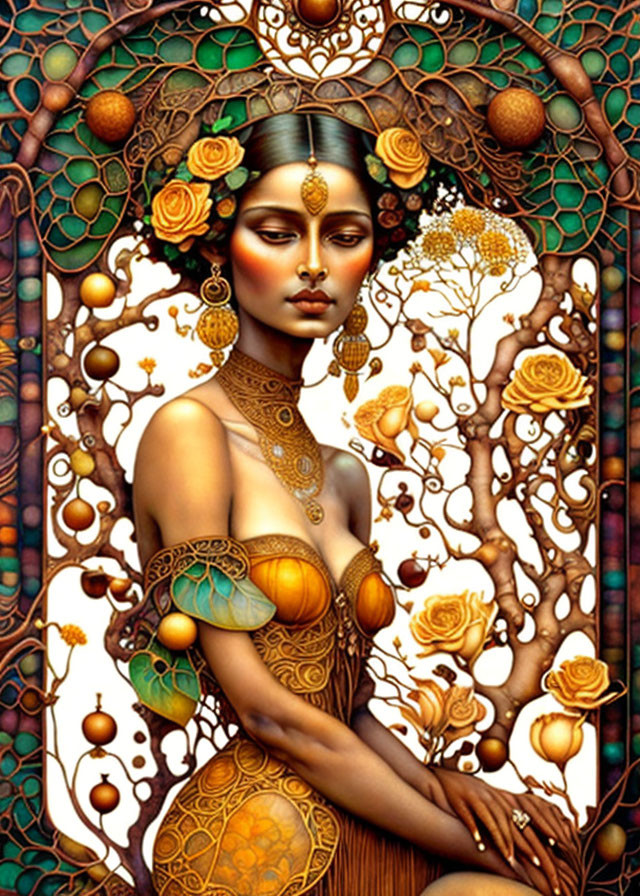 Golden ornate jewelry and motifs on a woman in an Art Nouveau setting