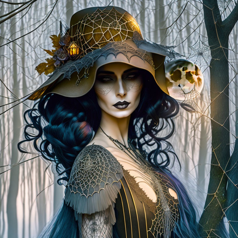 Gothic makeup and costume in eerie forest setting