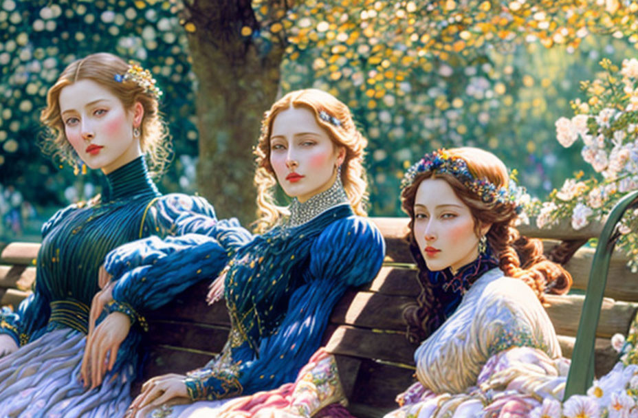 Vintage Dresses: Three Women Outdoors on Bench with Blossoming Trees