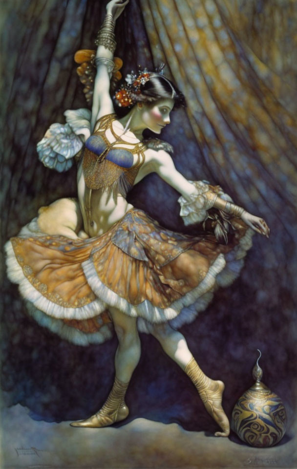 Fantastical female figure in butterfly costume dancing with theatrical mask and whimsical lamp