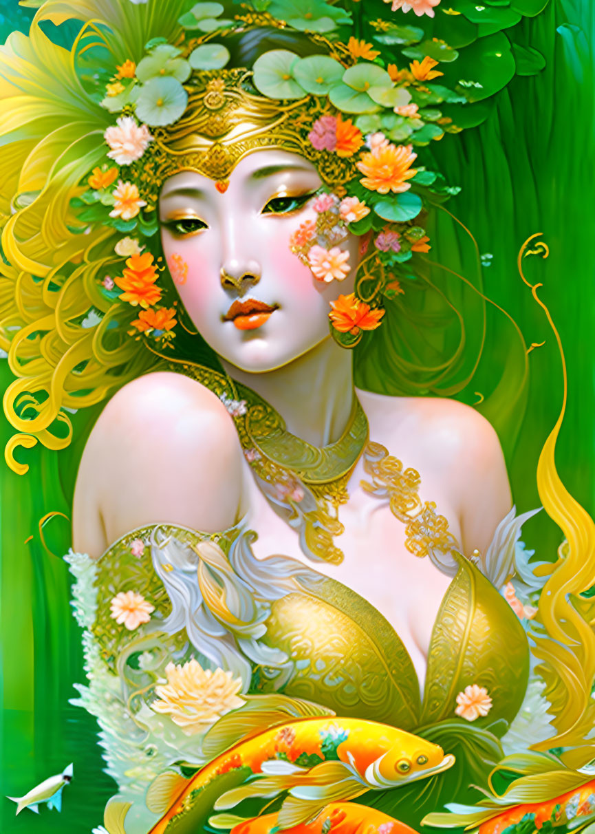 Digital artwork: Woman with golden hair, flower crown, ornate attire, lush foliage, koi