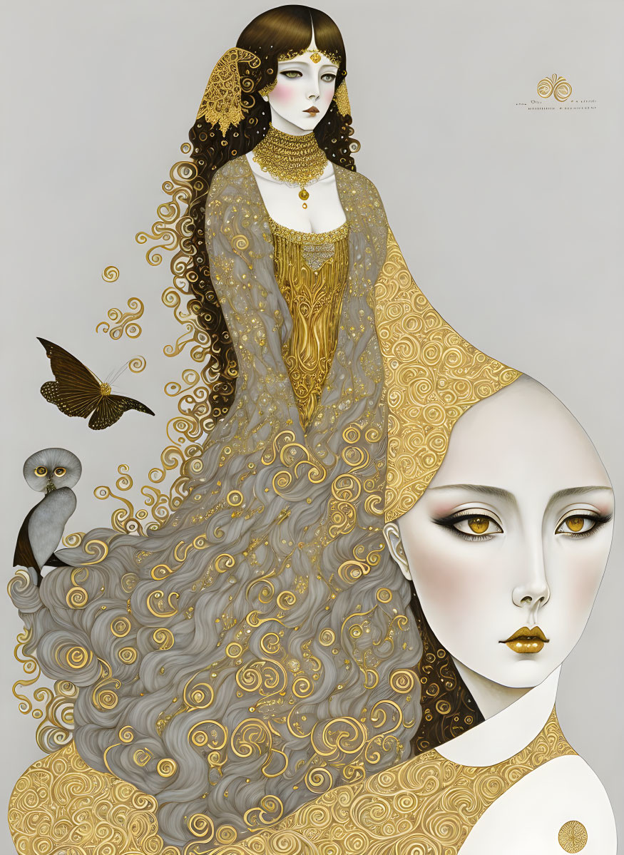 Stylized female figures with golden patterns and birds on soft backdrop