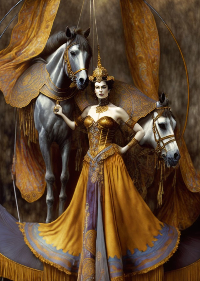 Regal woman in golden gown with horses