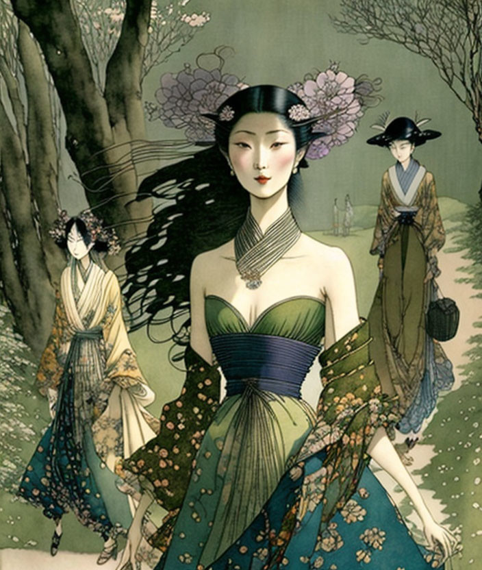 Three elegantly dressed women in traditional Asian attire among mystical trees.