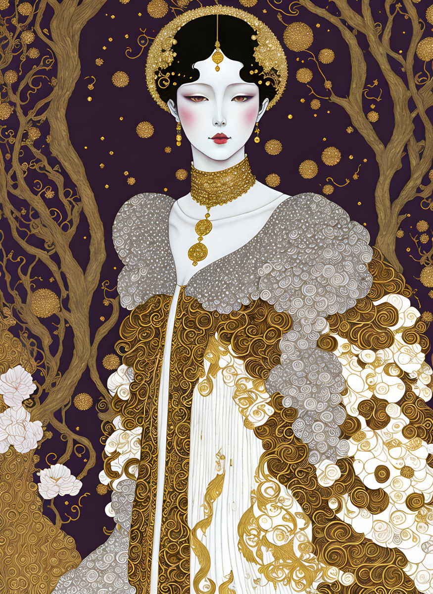 Regal figure in gold and white gown with porcelain skin, set against dark branches