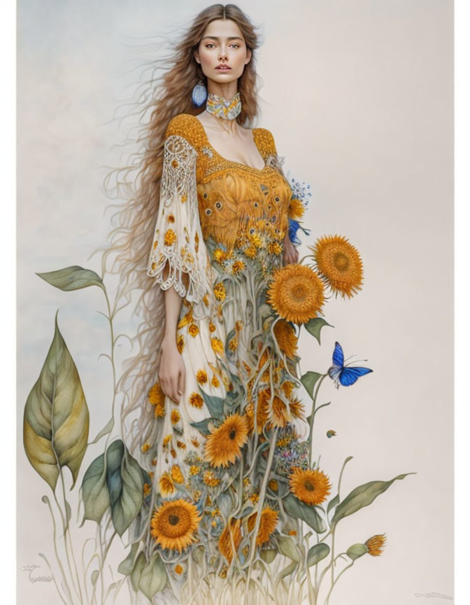 Woman in sunflower dress surrounded by greenery and butterfly.