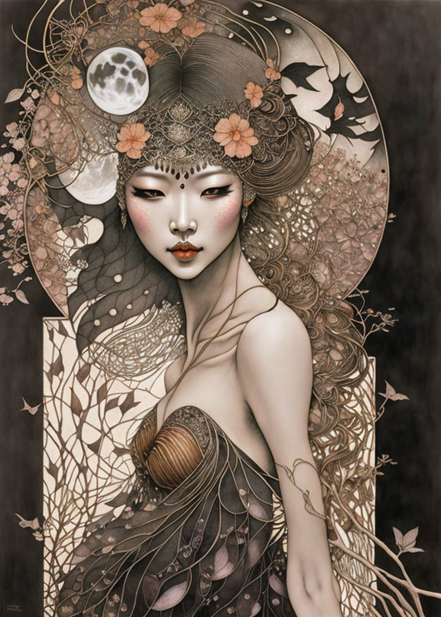 Monochromatic Woman Illustration with Moon and Ornate Headdress