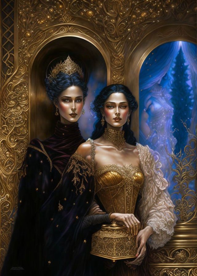 Regal women in medieval dresses by golden door to mystical forest