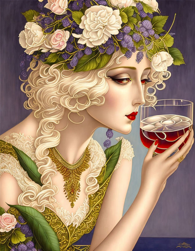 Blonde woman with floral wreath holding red wine glass in gold dress