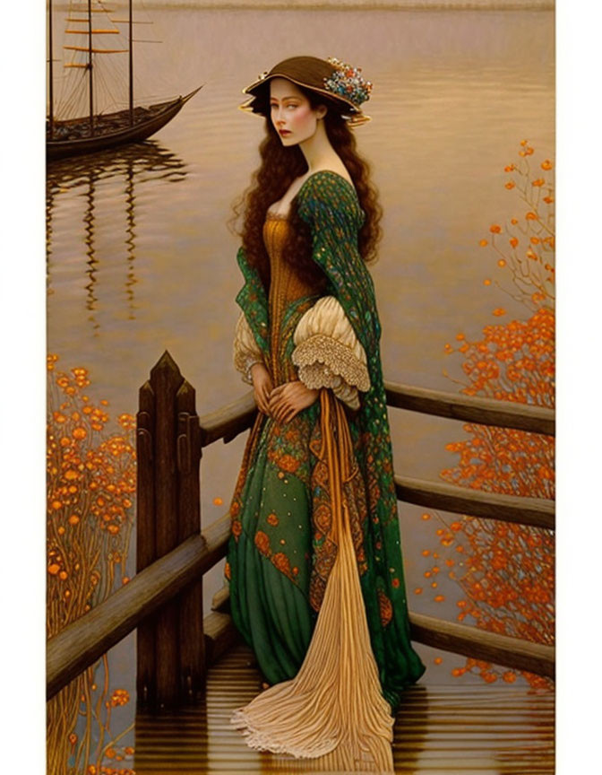 Elegant woman in green dress by water with sailboat and autumn trees