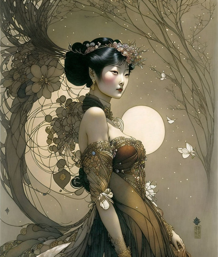 Illustrated woman in ethereal setting under full moon with floral headpiece.