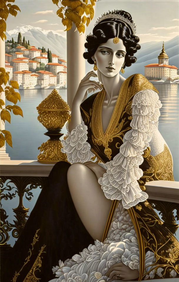 Vintage Attired Woman Overlooking Lakeside Town in Detailed Illustration