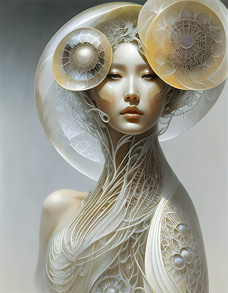 Digital Artwork: Woman with Pale Skin and Ornate Halo Headgear