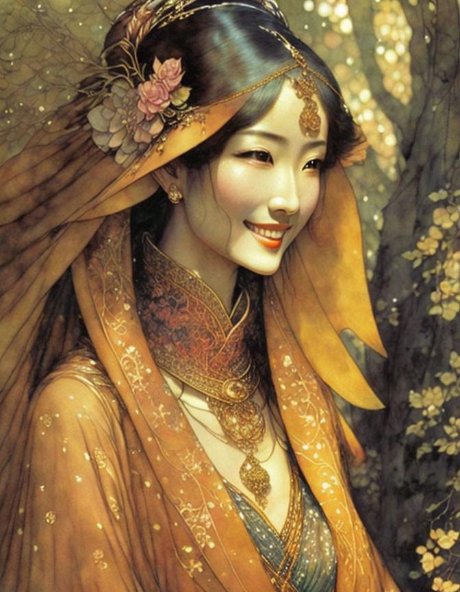 Smiling woman with traditional Asian features and gold jewelry in front of golden blossoms