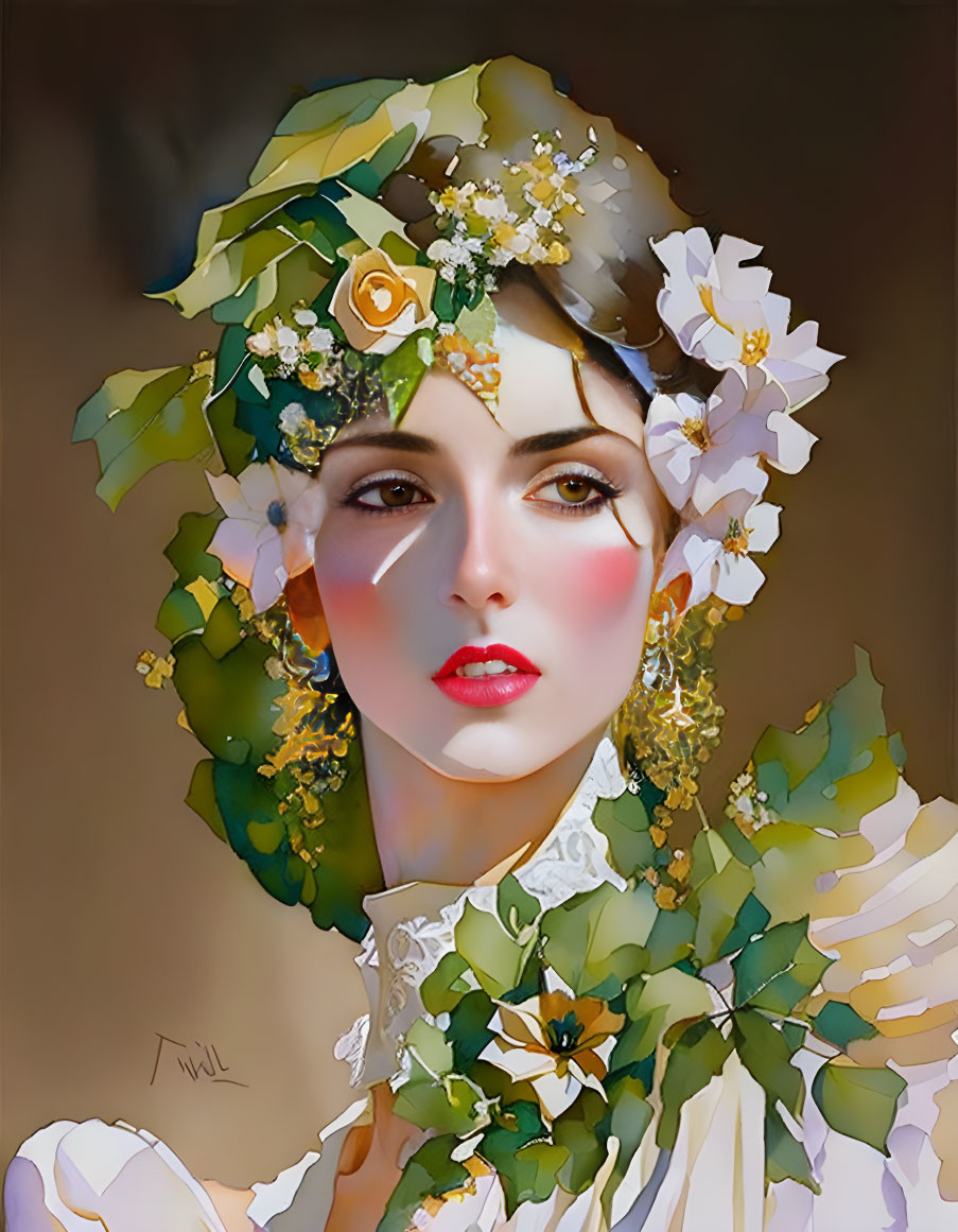 Portrait of Woman with Floral Headdress and Striking Makeup