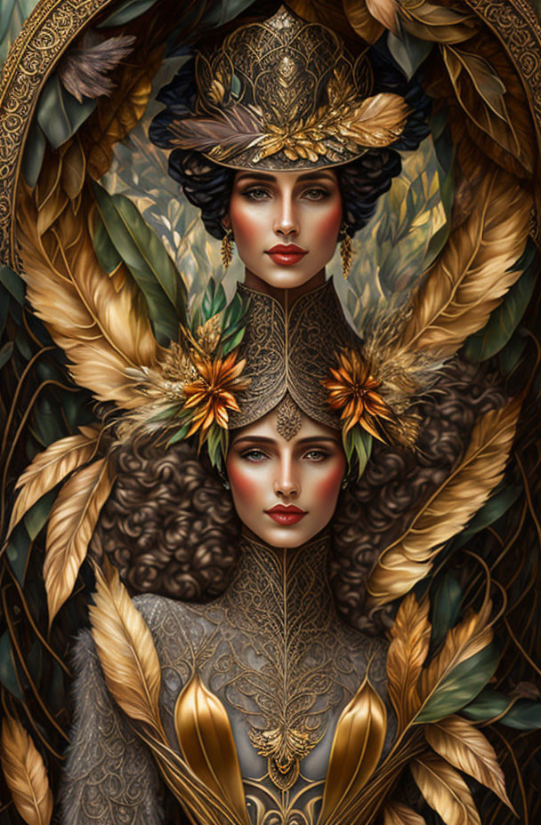 Golden headdresses on two women in nature-themed digital art