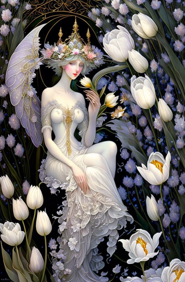 Ethereal woman with wings and flower crown in dark garden surrounded by tulips