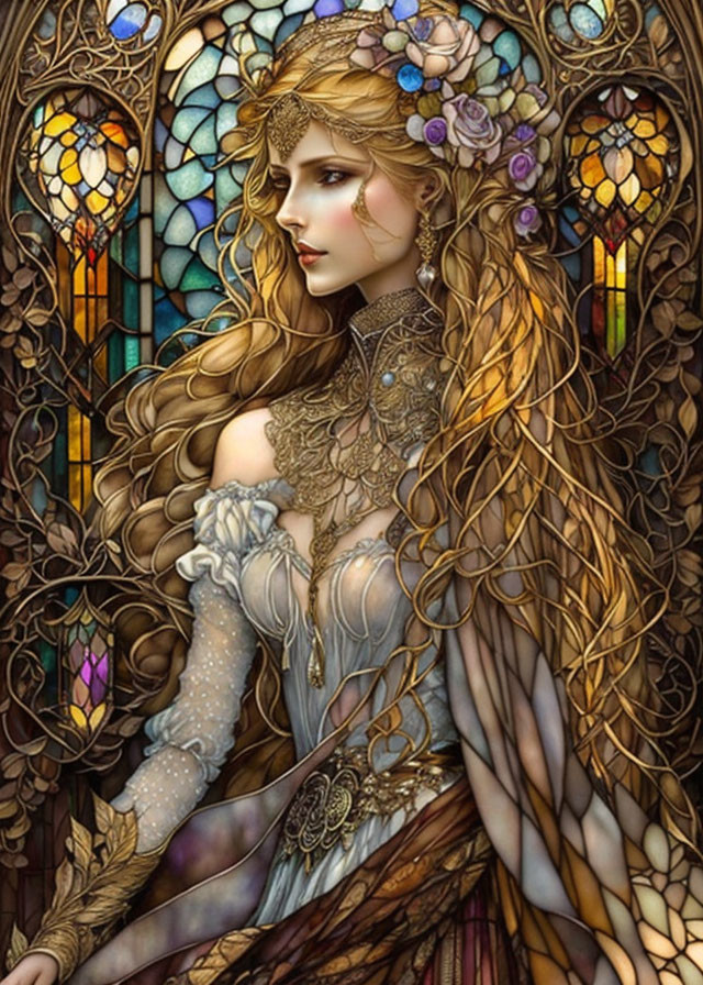 Illustration of woman with long wavy hair and floral adornments against stained glass backdrop