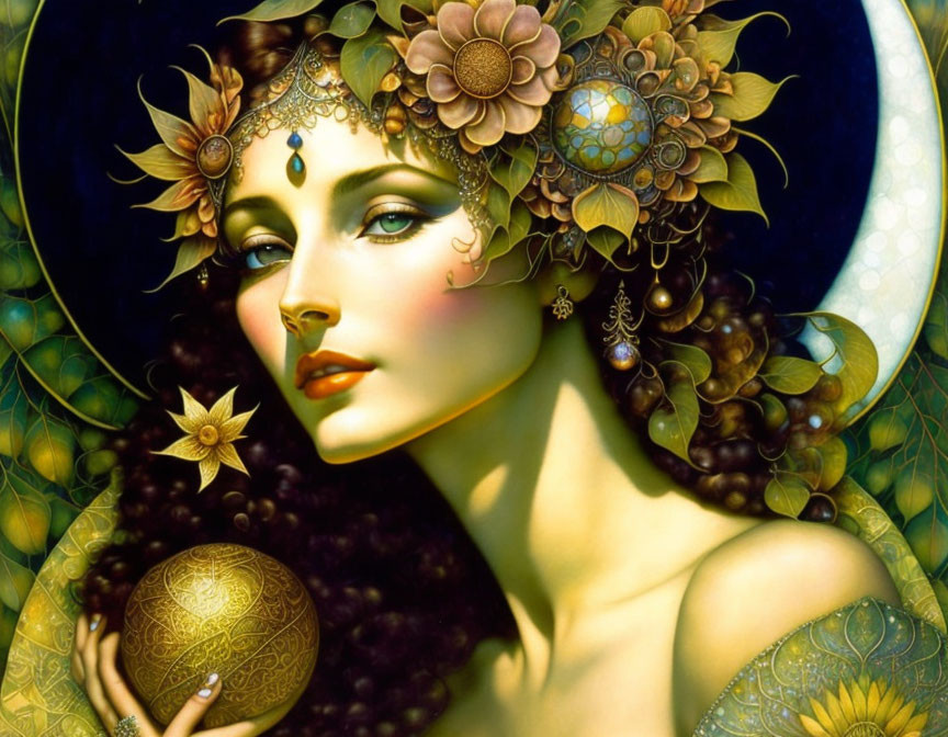 Woman with ornate floral headgear holding golden sphere against celestial backdrop