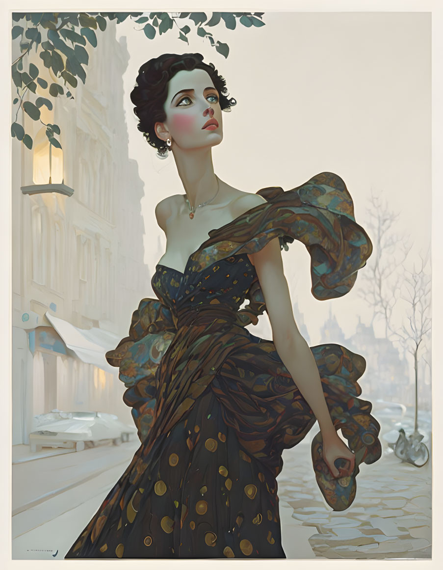 Woman in flowing patterned dress walking down vintage street