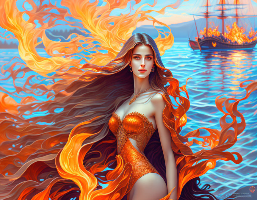 Fiery orange-haired woman in ornate corset by ocean with burning ship