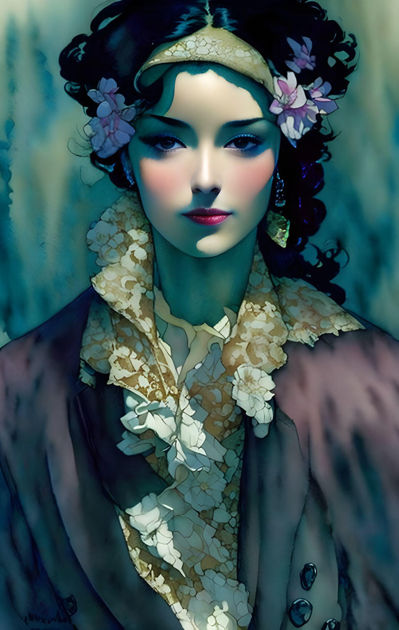 Illustrated portrait of a woman with blue eyes, pink flowers, lace collar, vintage attire