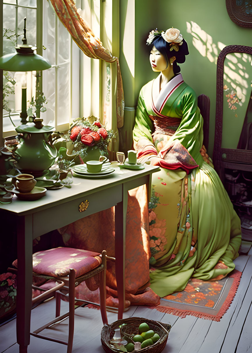 Traditional Japanese woman sitting by window with tea set, fruits, and flowers.