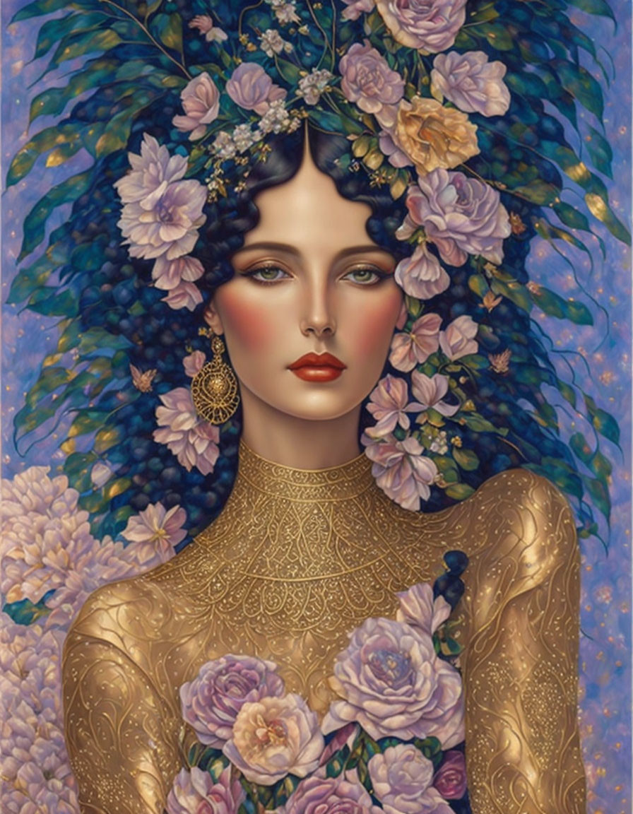 Portrait of Woman with Floral and Grape Hair, Red Lips, Golden Attire, and Tattoos on