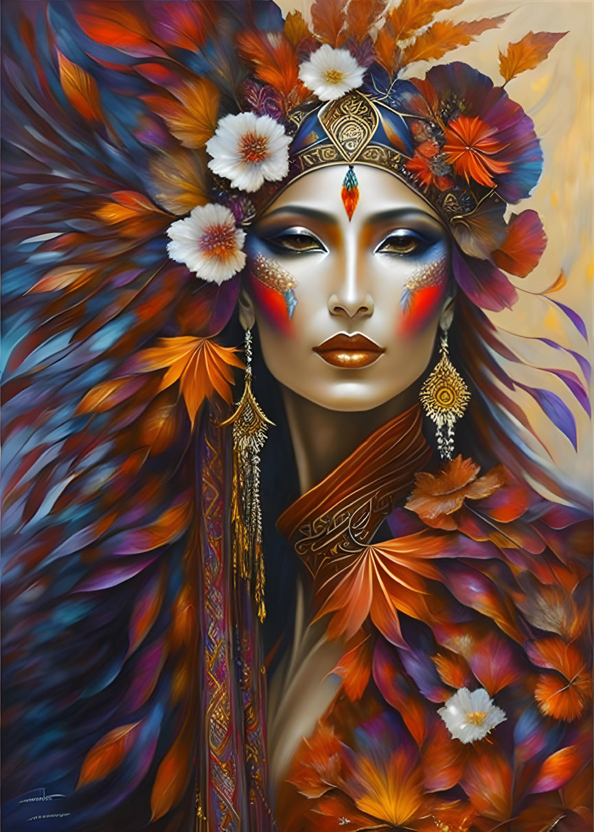 Vibrant portrait featuring feathered headdress and floral makeup