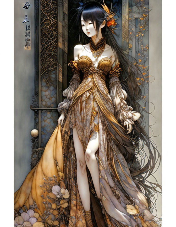 Illustration of woman in gold & brown gown against Asian backdrop