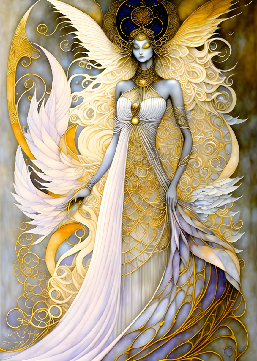 Golden-winged female figure in white and gold dress with ornate jewelry.