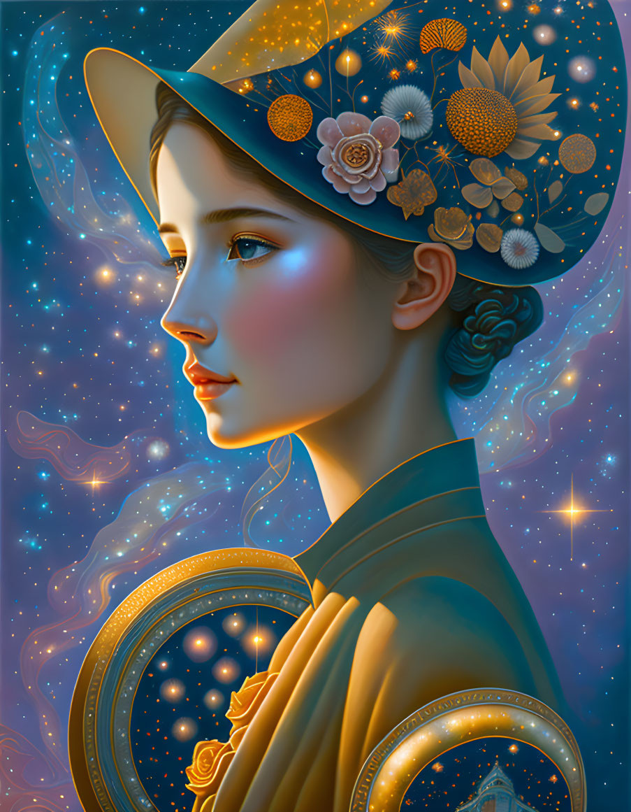 Illustrated woman with cosmic backdrop and celestial hat.