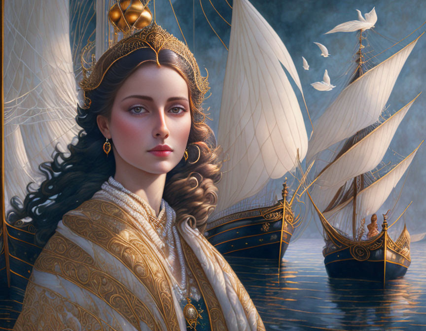 Regal woman in gold attire with crown, ships, and birds in misty background