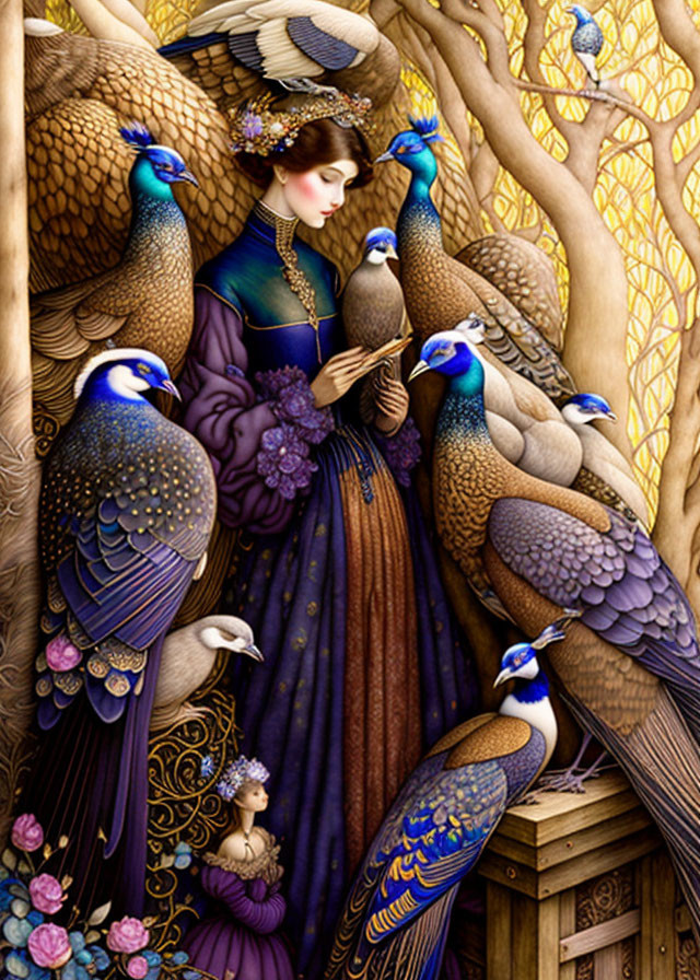 Detailed illustration of woman in purple gown with peacocks and golden tree.