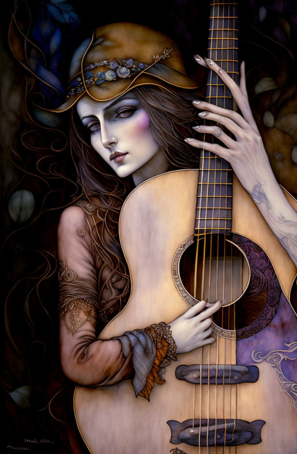 Mystical woman with guitar, elegant jewelry, and tattoos in dark setting